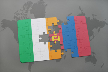 puzzle with the national flag of ireland and mongolia on a world map