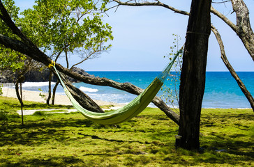 A hammock between the trees in front of a beach.