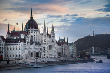 The Parliament Building in Budapest with dramatic sky at sunset