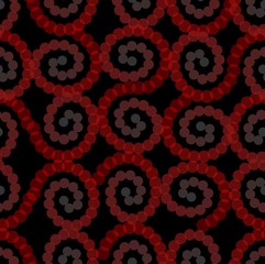 Red dots spiral. Semitransparent dot patterns. Seamless vector, spirals on black background. Overlapping ornaments