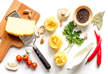 ingredients for cooking paste on white background top view