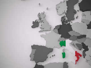 a 3d rendering european map with a flag of a spesific country