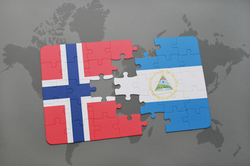 puzzle with the national flag of norway and nicaragua on a world map