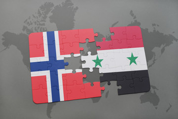 puzzle with the national flag of norway and syria on a world map