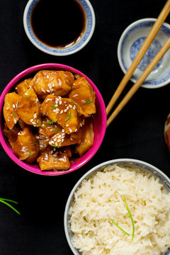 Chinese style sweet and sour chicken with sesame seeds
