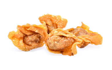 Fried pork dumplings in basket on white background