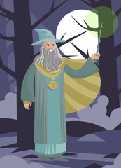 Fototapeta premium old man wizard with magic wand in the dark woods