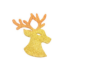 Image of handmade head reindeer hanging on rope over glitter gol © lessimol