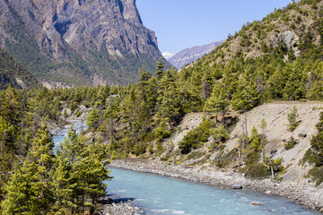 Majestic landscape and blue river in Himalayas mountains in Nepal