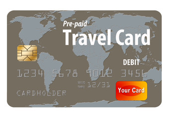 Pre-paid travel debit card with a world map as the art on the card is seen here. This is a pre-paid card used by travelers because it provides protection from loss or theft. Isolated on white.