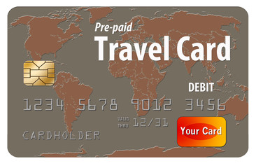 Pre-paid travel debit card with a world map as the art on the card is seen here. This is a pre-paid card used by travelers because it provides protection from loss or theft. Isolated on white.