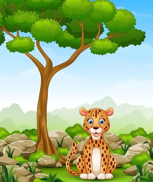 Cartoon leopard sitting in the jungle