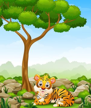 Cartoon tiger lay down in the jungle