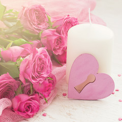 Valentin Day card with roses and candle