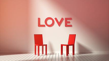 Word Love and red chair in modern room for Valentine's Day. 3d interior render image.