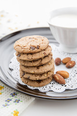 Chocolate chip cookies with milk in cup