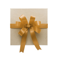 Wrapped vintage gift box with golden ribbon bow, isolated on whi