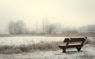 Obraz premium Lonely wooden bench in the park