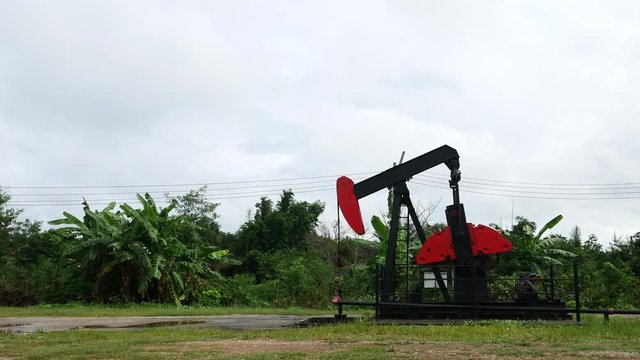 Oil Pump Jack (Sucker Rod Beam) in the middle of the oilfield 
