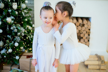 Two young ballet dancer standing near Christmas tree
