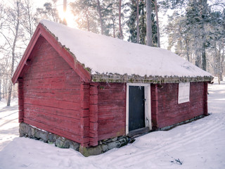 Old cabin, cold winter morning
