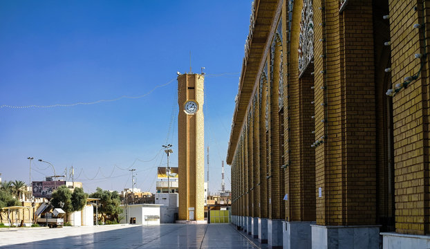 Exterior view of Abu Hanifa Mosque with the clocktower in Baghdad, Iraq