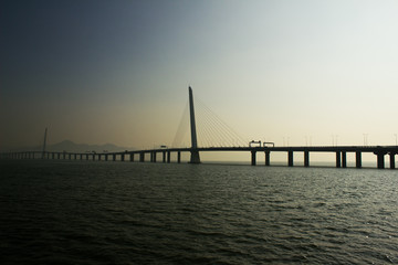 Fototapeta na wymiar Shenzhen bay bridge at sunset, connecting Hong Kong S.A.R. and mainland China