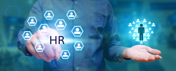 Human resources management concept, Businessman pressing HR text