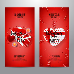 Set of red party flyers for Happy Valentine's Day. Top view on gift box and red case for ring. Beautiful backdrop with candles, confetti and serpentine. Vector illustration. Invitation to nightclub.