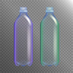 Empty Transparent Bottle. Set Realistic Blank Plastic Blue Water . Mock Up For Your Design. Vector Template Background