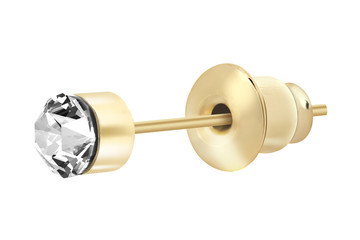 Close-up of simple golden earrings with one diamond, isolated on white background, clipping path included