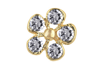 Golden flower-shaped earrings with five big diamonds, isolated on white background, clipping path included
