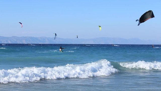 Kitesurfer riding on aegan sea, Greece