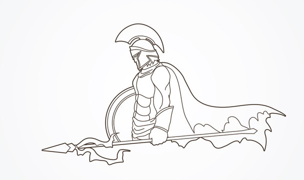 recommend clip art: Spartan warrior with Spear and shield outline graphic vector.