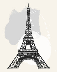 Fototapeta na wymiar Eiffel Tower in Paris, France vector illustration with watercolor stains on background
