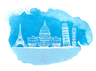 Fototapeta premium Eiffel Tower, United States Capitol Building, Tower of Pisa, Big Ben (Elizabeth Tower), world landmarks vector set on hand drawn watercolor stain background, isolated on white