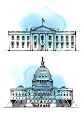 White House and Capitol Building in Washington DC, USA, vector illustration set on watercolor stains, abstract sky splashes, isolated on white background
