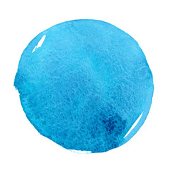 Watercolor vector stain, abstract blue circle splash with splatters, paper texture, background for design, hand drawn illustration isolated on white background
