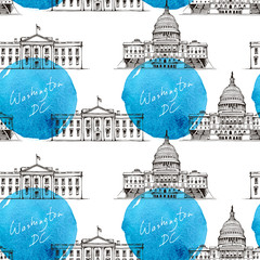 Seamless pattern with White House and Capitol Building in Washington DC, USA on hand drawn...