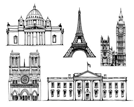 Coliseum, White House,Tower of Pisa, Capitol Building, Eiffel Tower, vector set illustrations isolated on white background