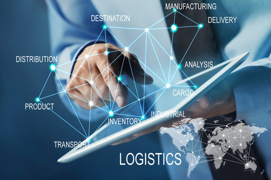 Logistics concept. Man with tablet and business strategy