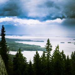 A beautiful panorama of lake and forest from Koli National park peaks