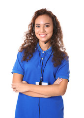 Young female technical support dispatcher on white background