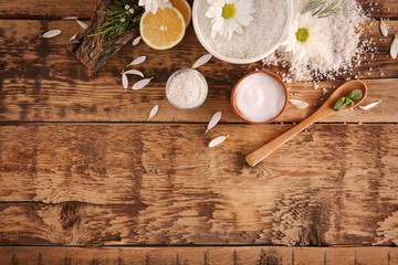 Natural ingredients for homemade cosmetics on wooden background