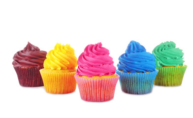 Fresh tasty cupcakes on white background