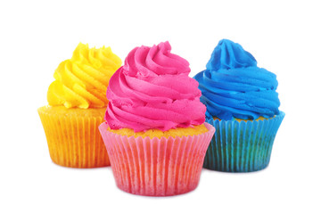 Fresh tasty cupcakes on white background