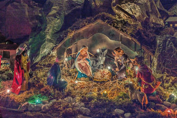 Statues in a Christmas Nativity scene - obrazy, fototapety, plakaty