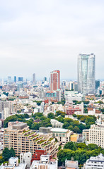 Fototapeta premium Asia Business concept for real estate and corporate construction - vertical modern cityscape building bird eye aerial view from tokyo tower under sunrise and morning blue bright sky in Tokyo, Japan