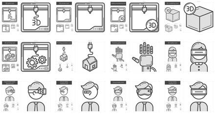 Virtual reality and 3D technology line icon set.