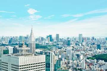 Asia Business concept for real estate and corporate construction - panoramic modern cityscape building bird eye aerial view under sunrise and morning blue bright sky in Tokyo, Japan